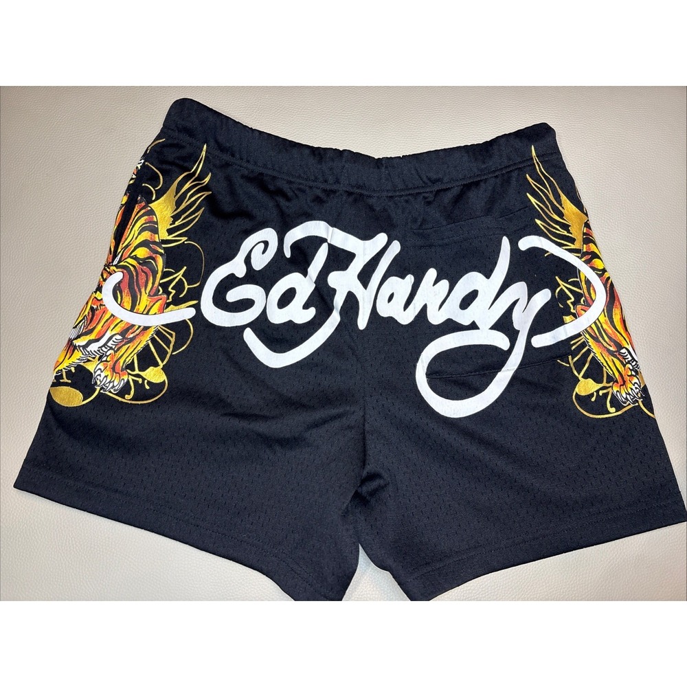 Ed Hardy Shorts Men SMALL Black Screaming Tiger Mesh Lined Drawstring Tatto NWOT
